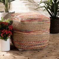 Baxton Studio Caiman-Multi/Natural-Pouf Caiman Moroccan Inspired Multicolored Handwoven Hemp Pouf Ottoman